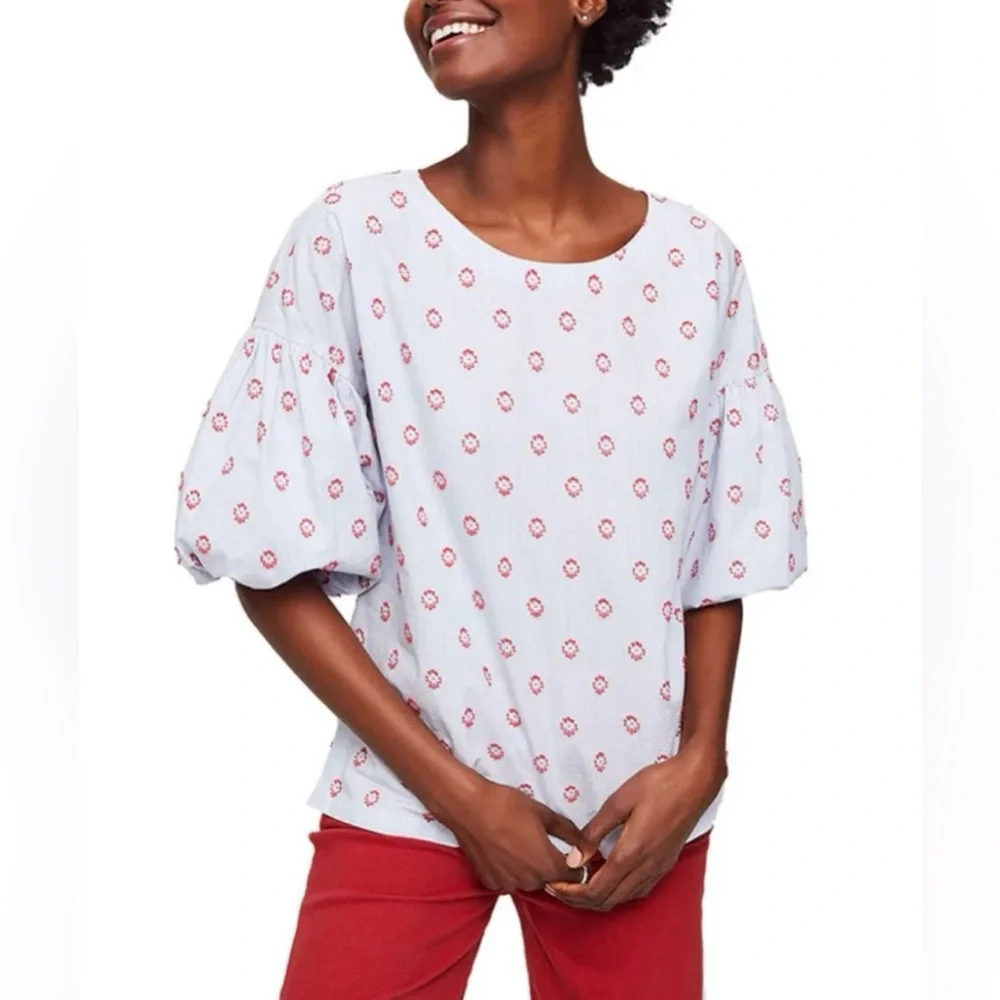 LOFT Embroidered Poplin Blouse with 3/4” Puff Sleeves Size Large